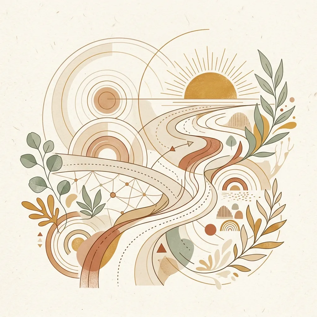 A minimal boho geometrical philosophical illustration representing the new geography of travel, dining, and stay, featuring abstract map paths, sun, and organic leaves.