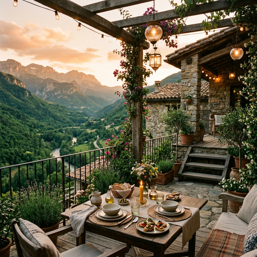 A boutique hotel terrace at golden hour overlooking a lush valley with mountains, featuring a beautifully set table with artisan ceramics and local food