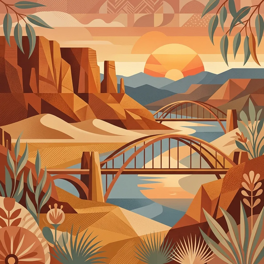 A minimal, modern, future-looking boho geometrical philosophical illustration showing stylized Australian landscape and architectural elements, red ochre rock and sand geometries, stylized harbor bridge arches, a setting sun, and organic outback foliage in clay, sand, ochre, terracotta, and dusty blue tones.