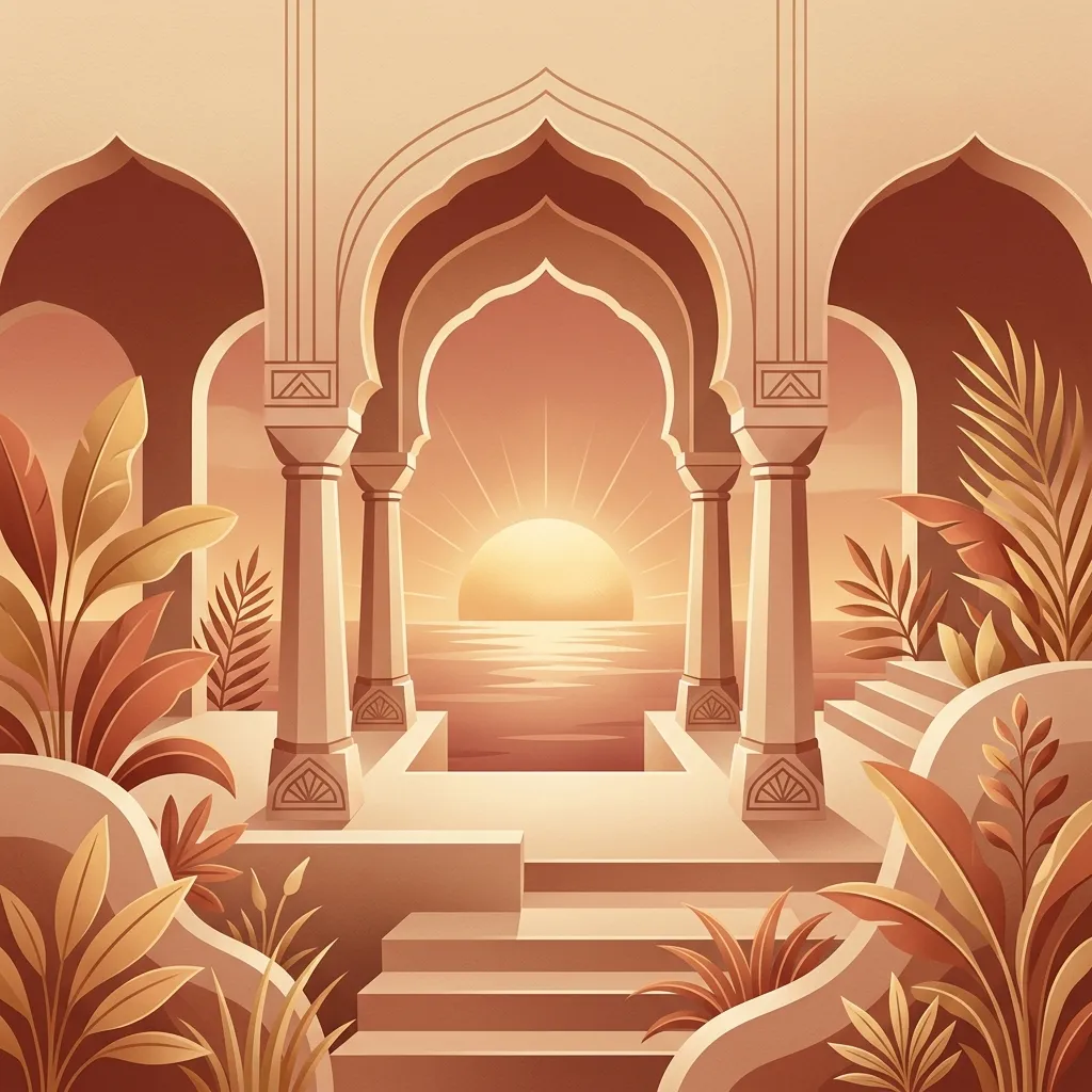 A minimal, modern, future-looking boho geometrical philosophical illustration showing stylized Indian architectural arches, columns, steps, a setting sun, and organic plant leaves in clay, sand, terracotta, and soft gold tones.