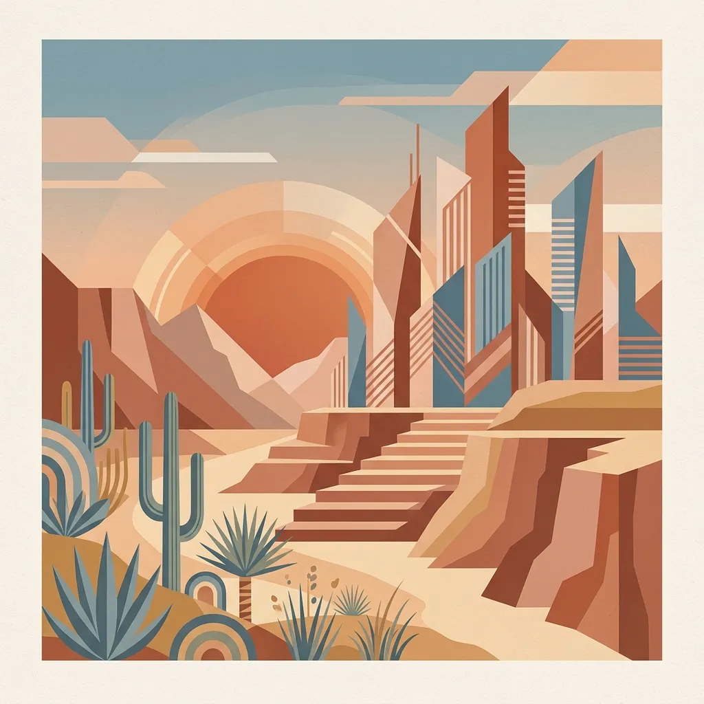 A minimal, modern, future-looking boho geometrical philosophical illustration showing stylized American architectural elements, skyscraper geometries, canyon steps, a setting sun, and organic desert foliage in clay, sand, terracotta, and dusty blue tones.