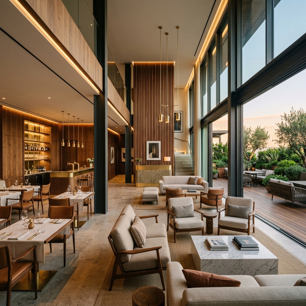 A beautifully lit, high-end modern hospitality lounge integrating a restaurant, hotel lobby, and a green outdoor terrace