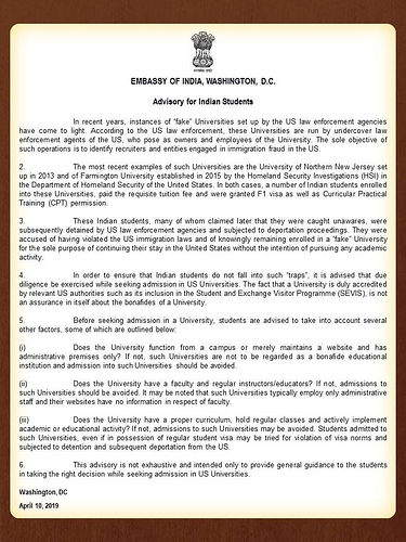 Advisory for Indian students