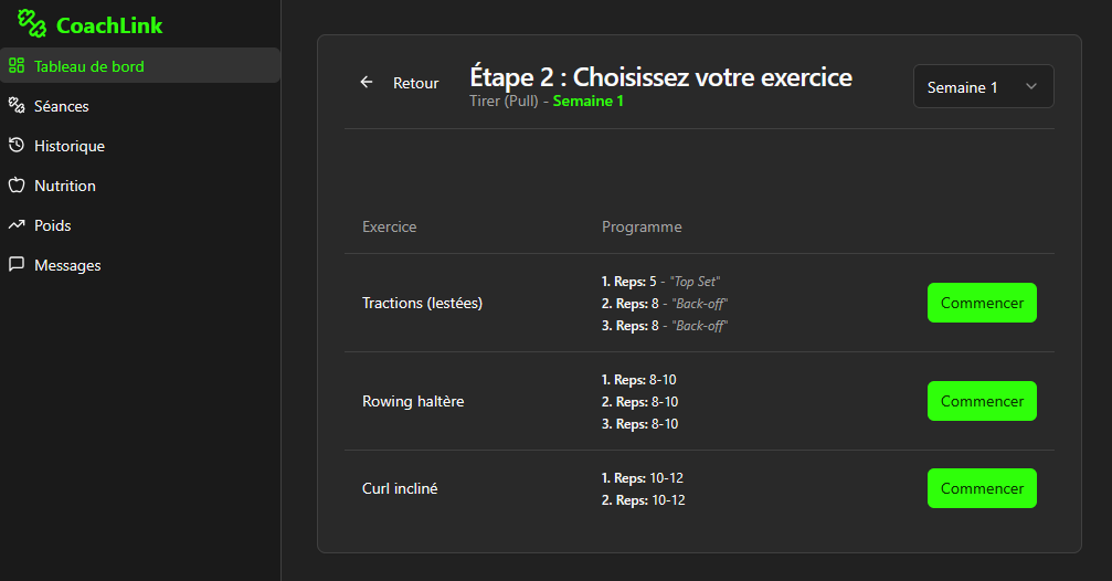 Screenshot of the application sessions page