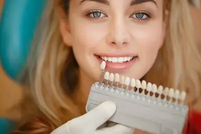 a tooth shade guide being held up to a smiling women's white teeth showing her teeth are the whitest on the scale