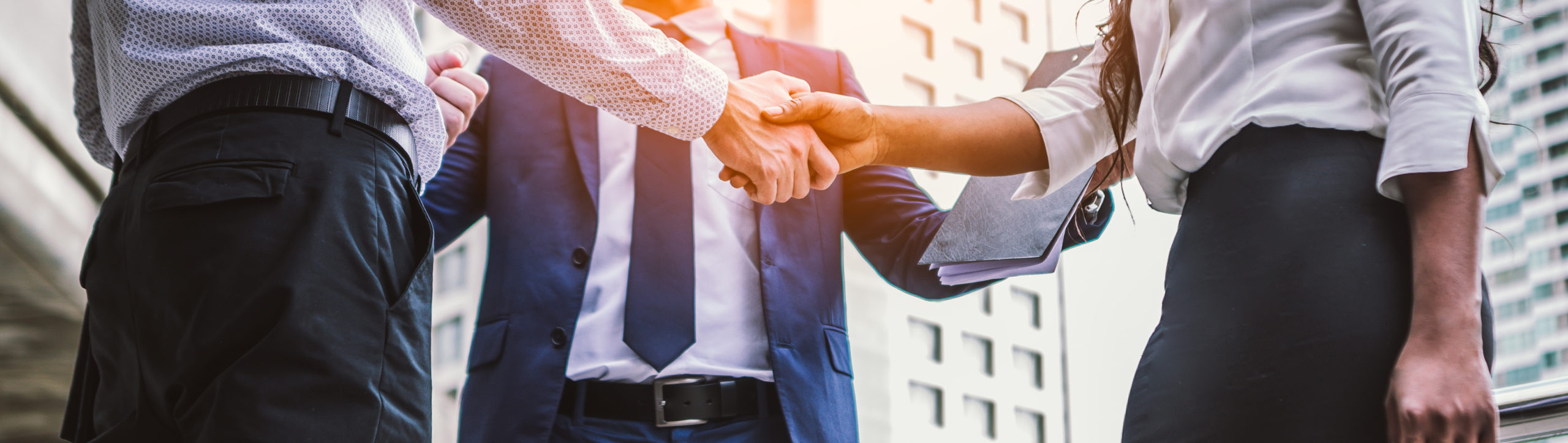 A group of people shaking hands.