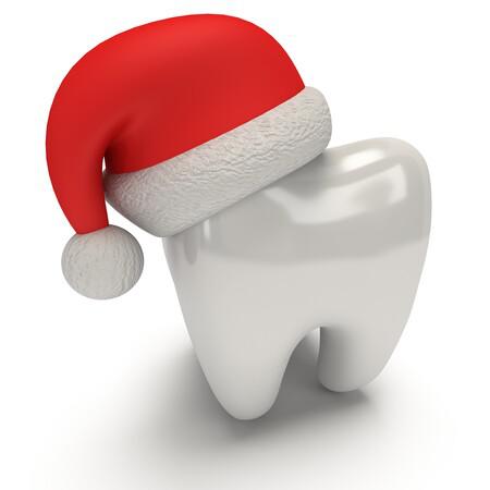 Tooth Wearing Santa Claus Hat. 3D Illustration render isolated on white background. Healthcare Dental and Christmas concept