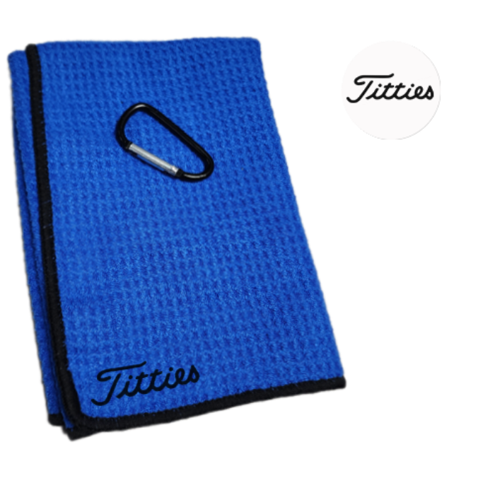 Golf Towel Blue 16x16in Titties (Ball Marker & Magnetic Clip available)