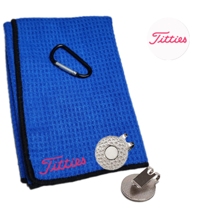 Golf Towel Blue 16x16in Titties (Ball Marker & Magnetic Clip