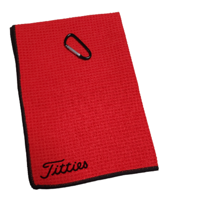 Golf Towel Red 16x16in Titties (Ball Marker & Magnetic Clip available)