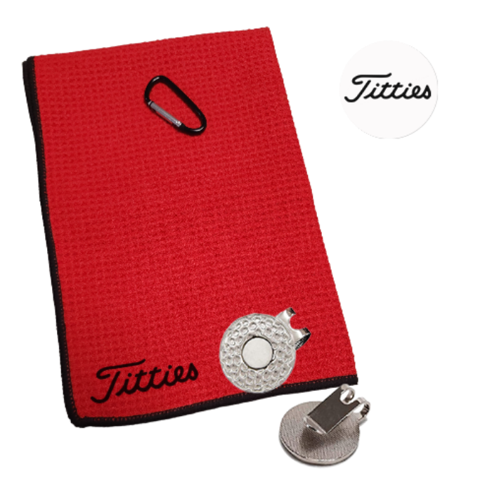 Golf Towel Red 16x16in Titties (Ball Marker & Magnetic Clip 