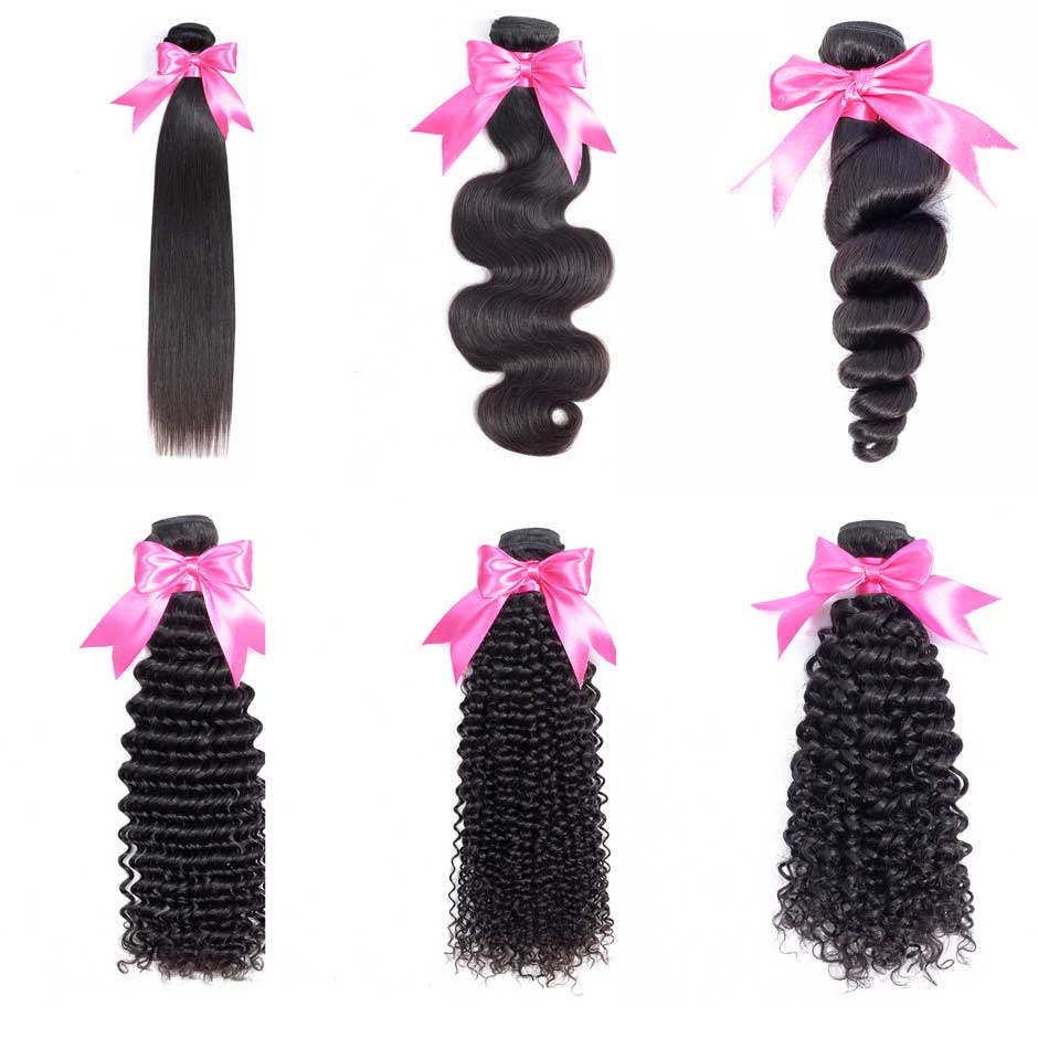 Jet Black #1 Virgin Hair Bundles: Straight, Wavy, Curly textures with pink bows