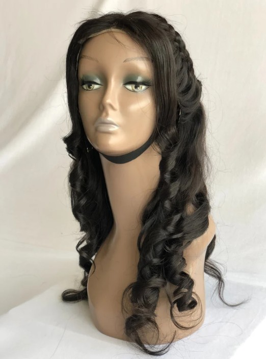 Jet Black #1 Wavy Wig with Braided Crown on Mannequin