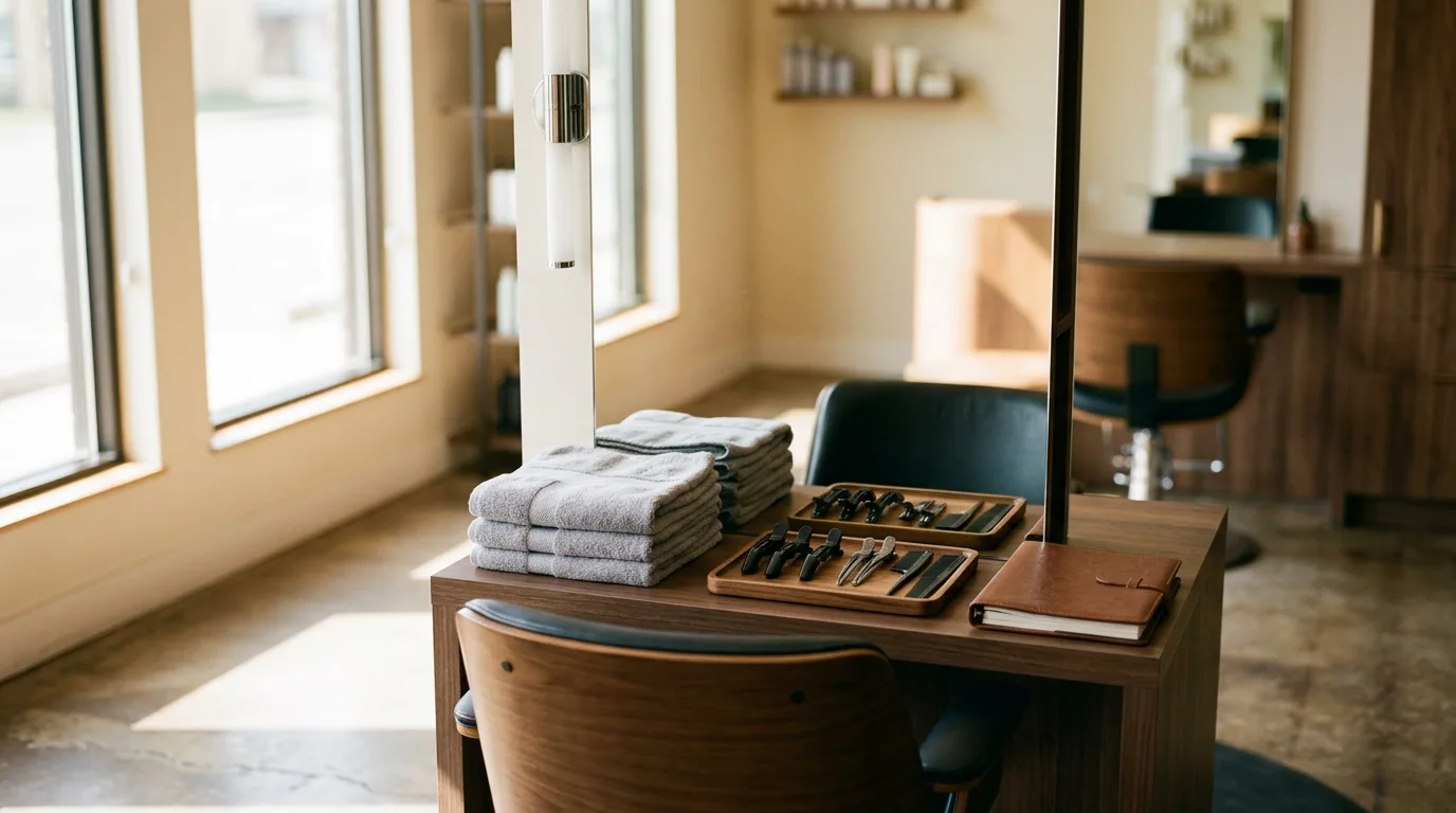 Modern salon station with clean towels, clips, and styling tools ready for service.