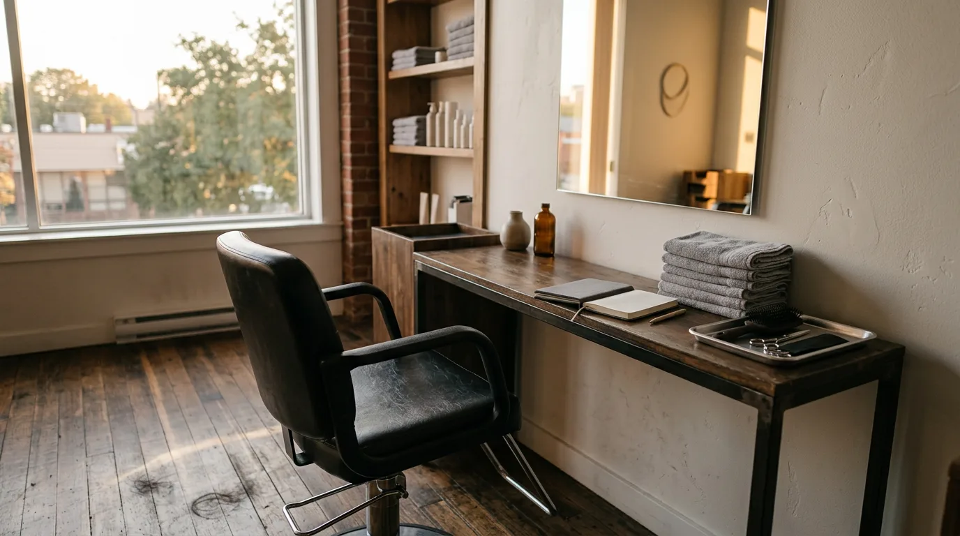 Empty salon chair and workstation ready for a hair appointment.