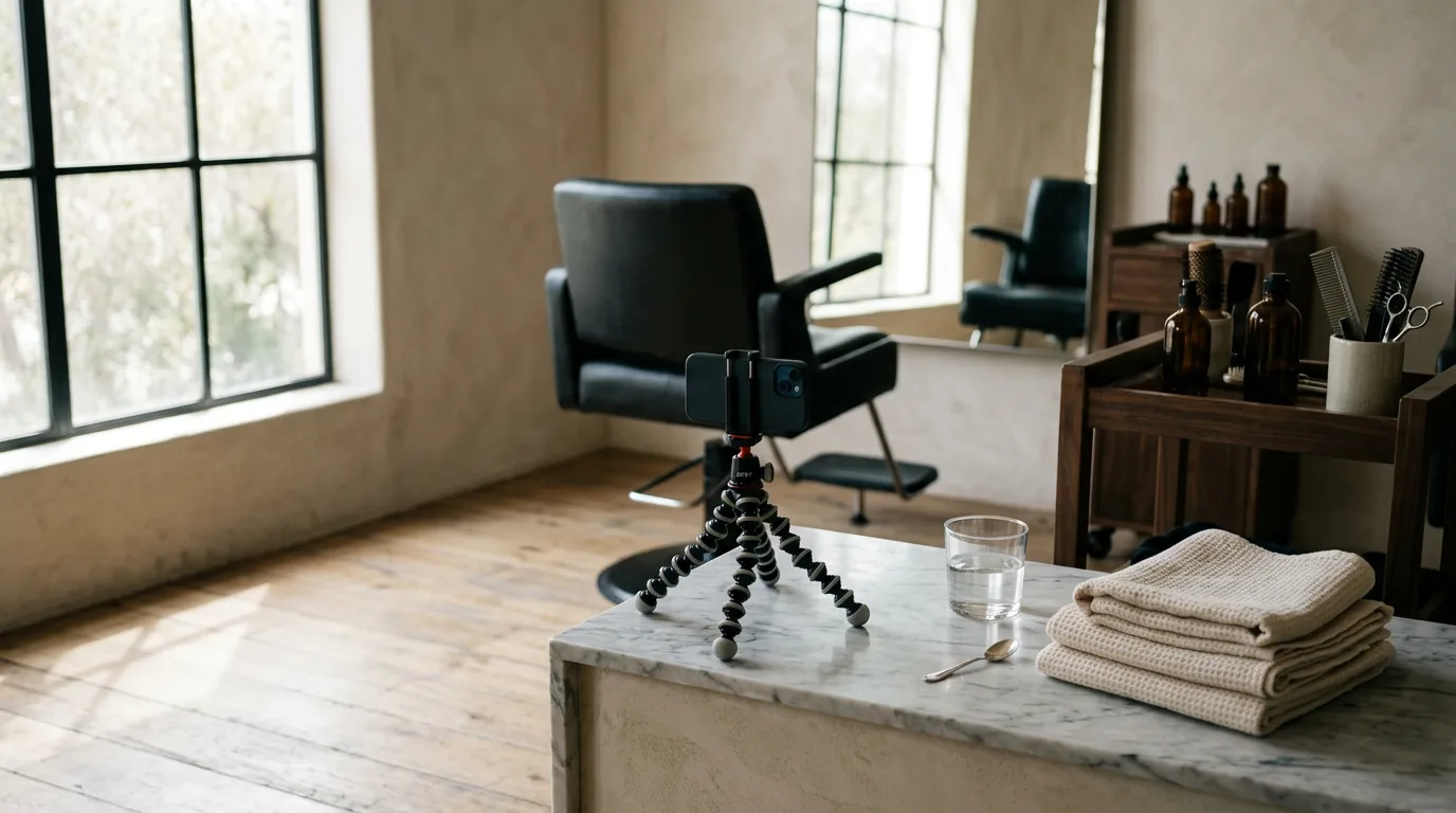 Modern salon interior with styling products, phone tripod, and towels.