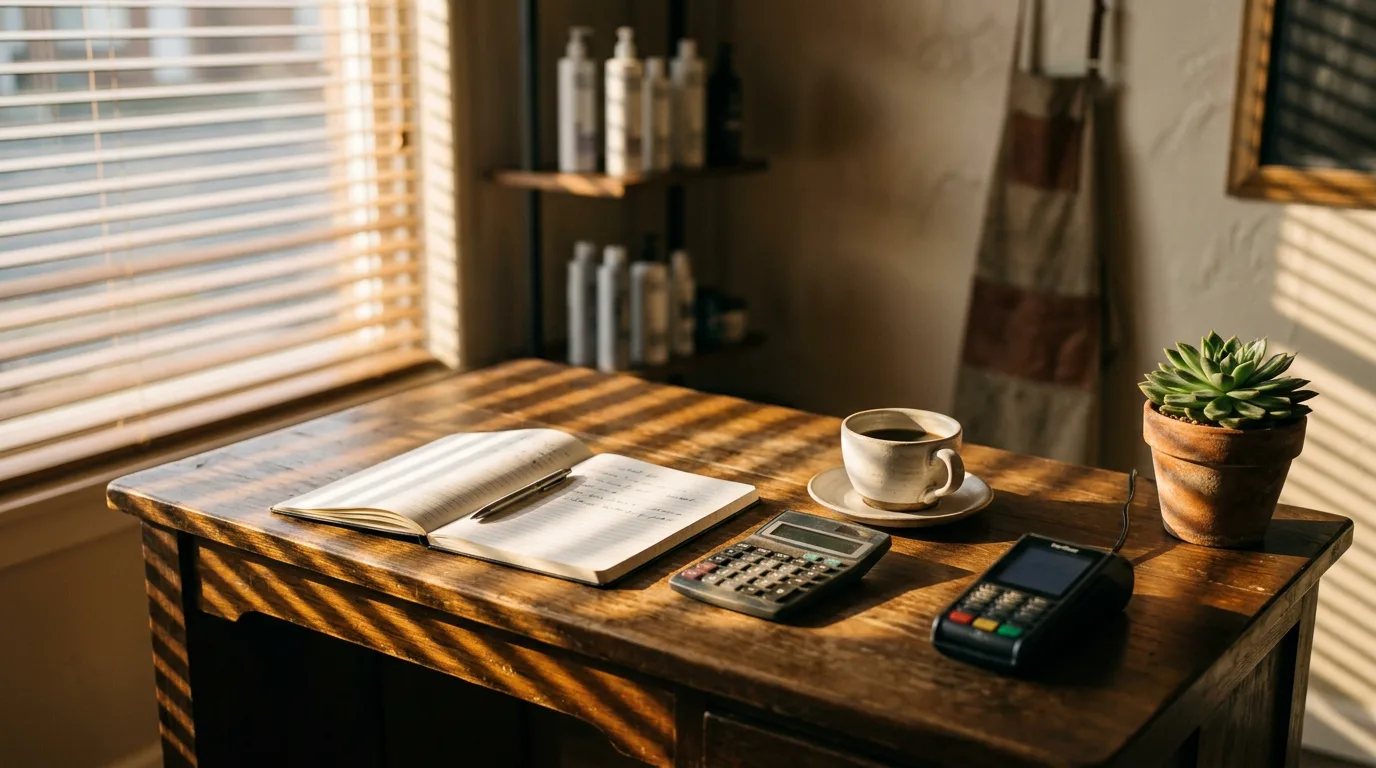 Sunny desk with journal, coffee, calculator, payment terminal, and succulent plant.