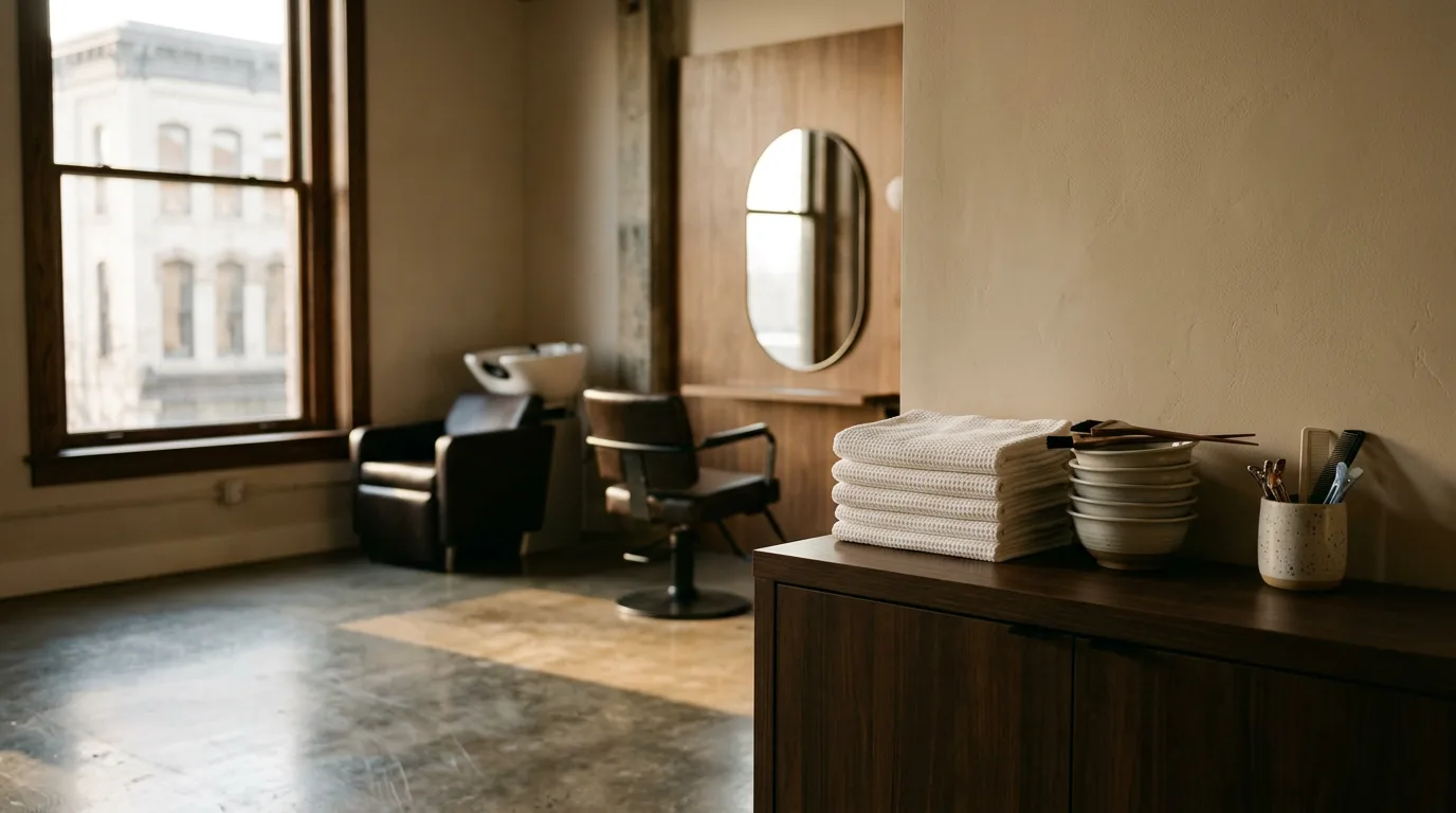 A modern, minimalist salon interior with styling chairs, wash basin, and towels.