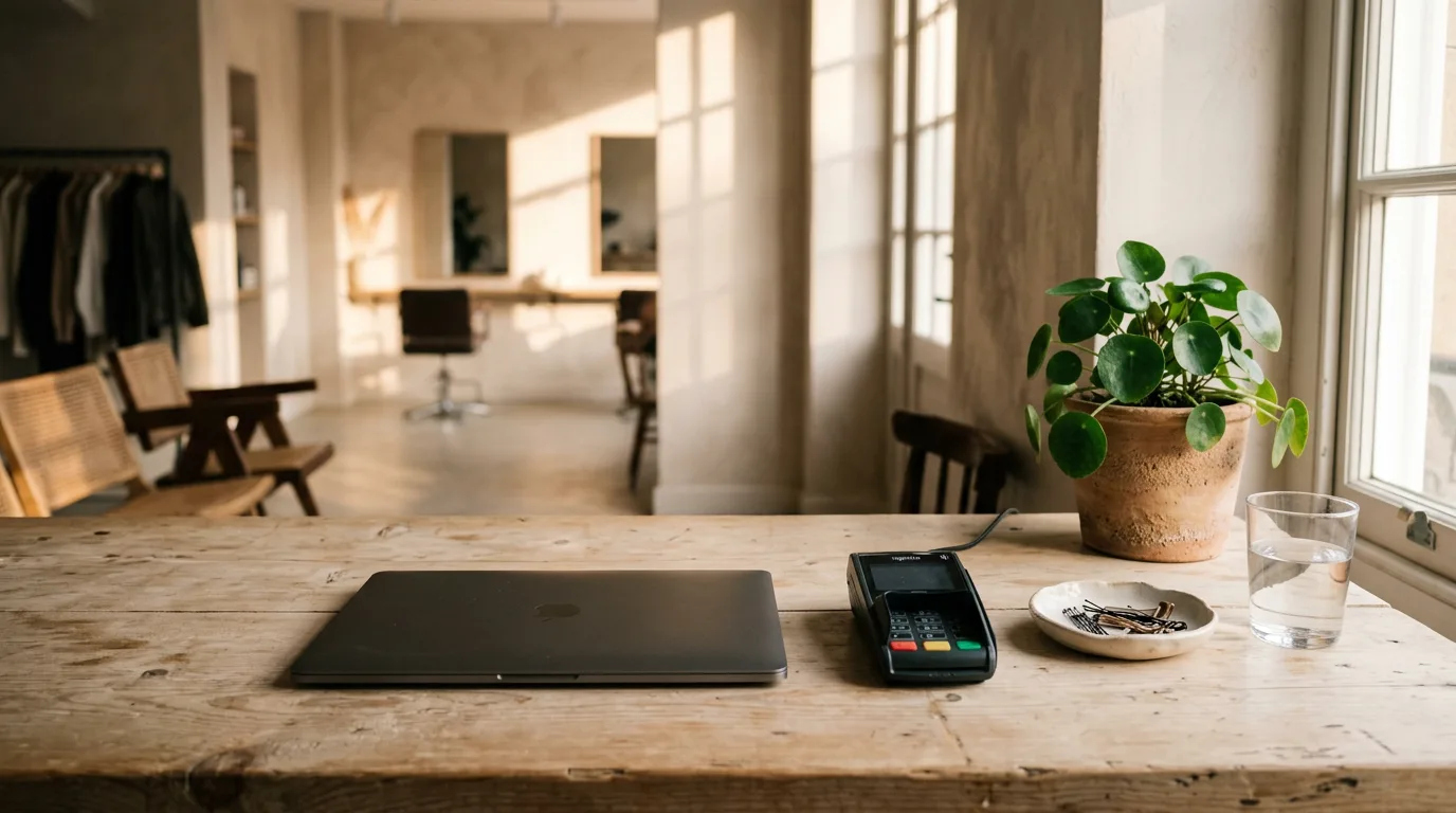 Modern salon interior with laptop, card reader, plant, and wooden furniture.