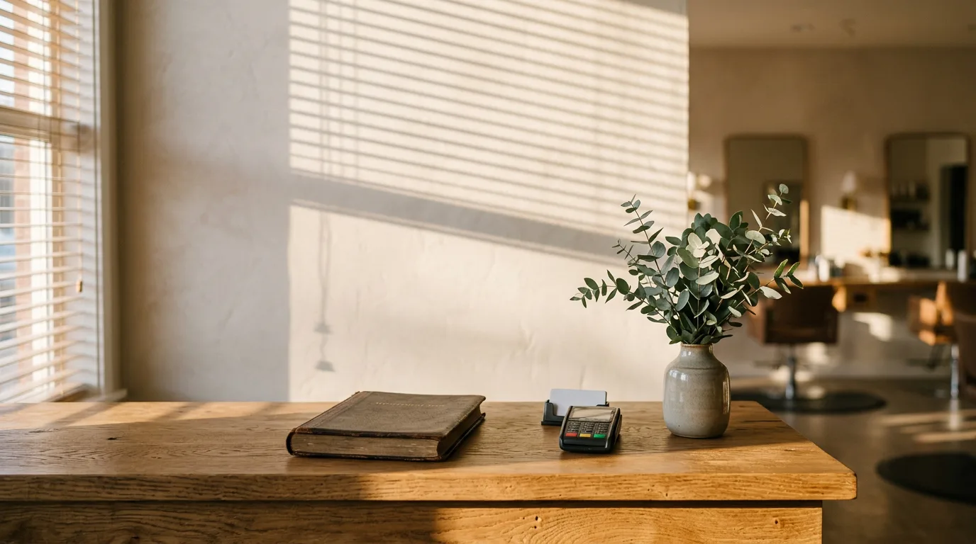 Warm, sunny reception desk with a plant, book, and card reader in a salon.