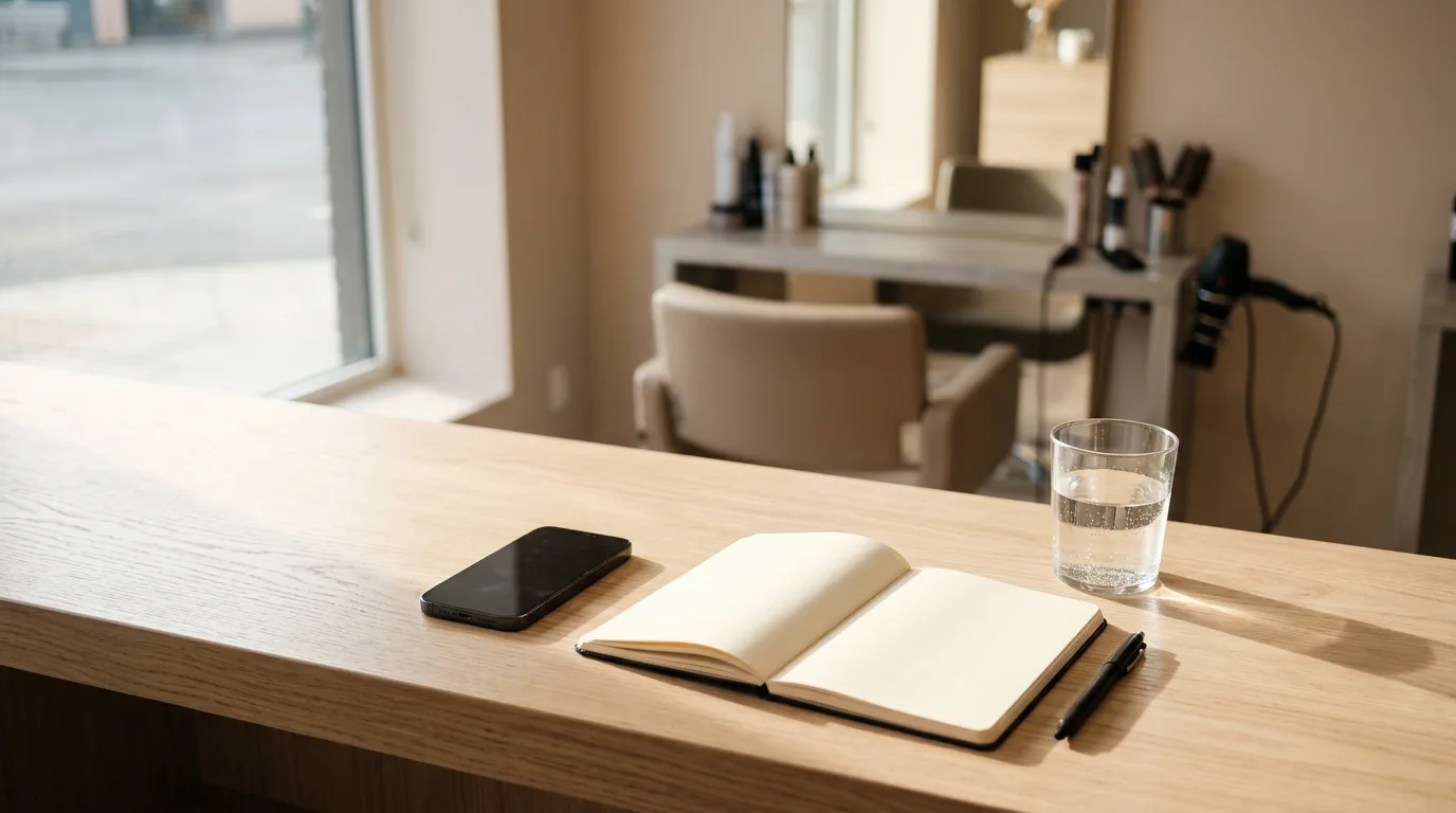 Desk in a hair salon with phone, notebook, pen, and glass of water.