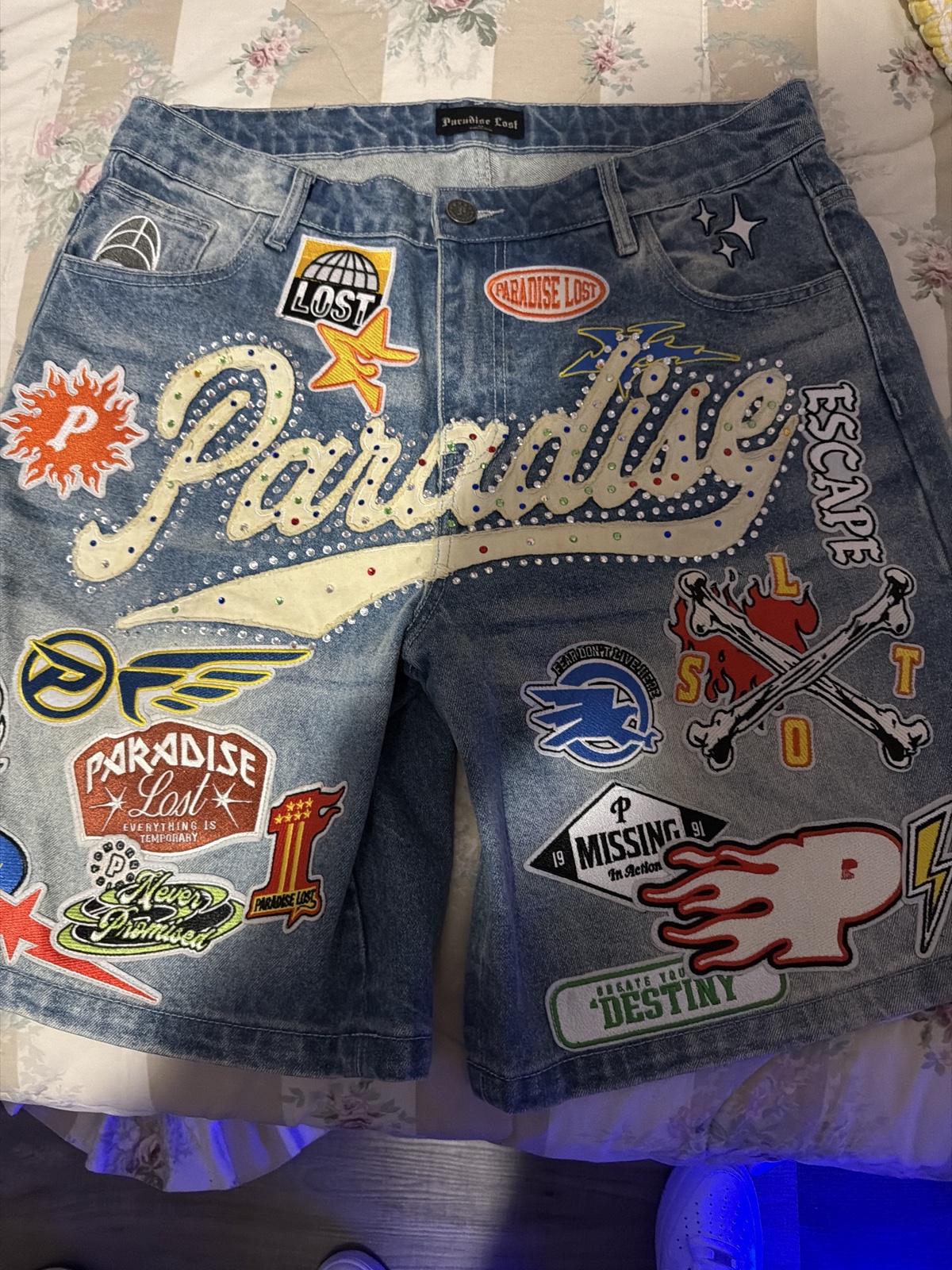 Dark embroidered denim shorts