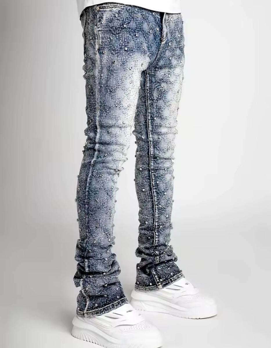Acid-wash stacked jeans