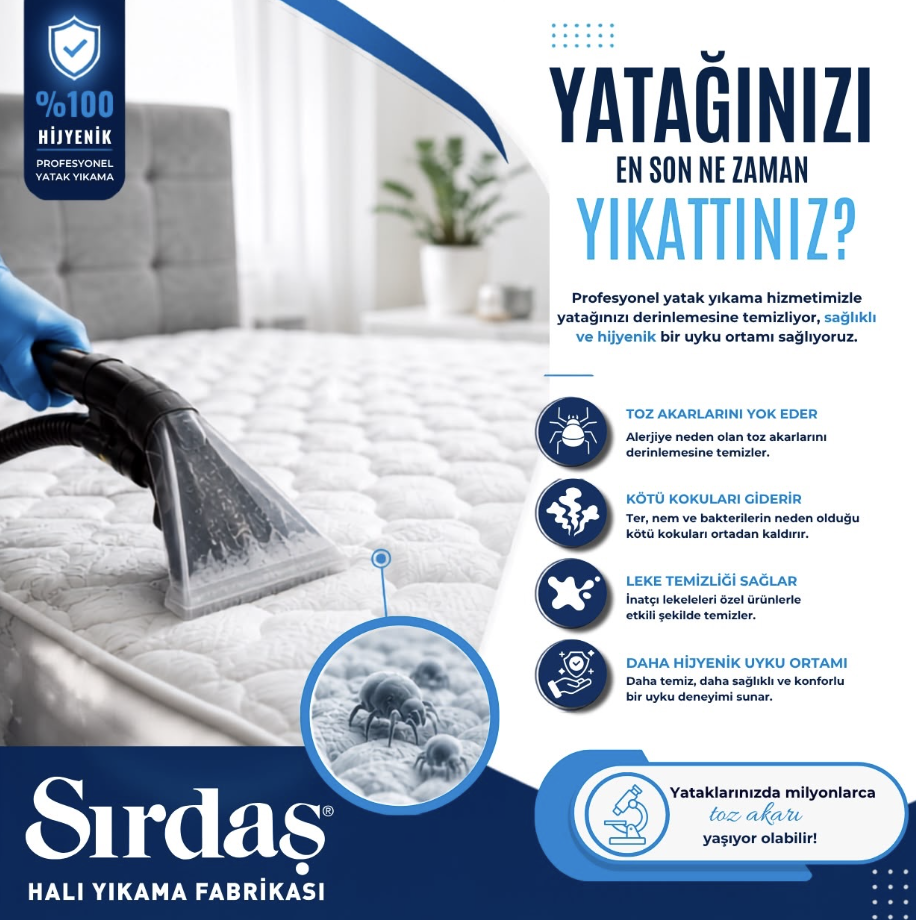 Yatağınızı en son ne zaman yıkattınız? 🛏️🤔
Görünmeyen tehlikelere (toz akarları ve bakteriler) veda edin! Profesyonel yatak yıkama hizmetimizle derinlemesine temizlik, kötü kokulara son ve %100 hijyenik bir uyku ortamı sunuyoruz. 💧✨