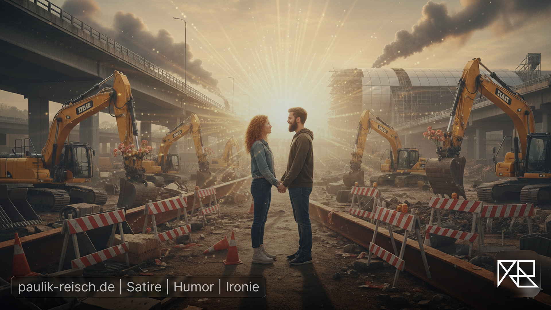 Ein Paar steht Händchen haltend auf einer weitläufigen, chaotischen Baustelle bei Sonnenuntergang. Um sie herum sind mehrere große gelbe Bagger, Bauzäune, Warnkegel und Schutt zu sehen. Im Hintergrund erstreckt sich eine Autobahnbrücke und eine im Bau befindliche Gebäudestruktur, aus der Rauch aufsteigt. Die Szene wirkt surreal und humorvoll, indem sie Romantik und das Chaos einer deutschen Baustelle miteinander verbindet.