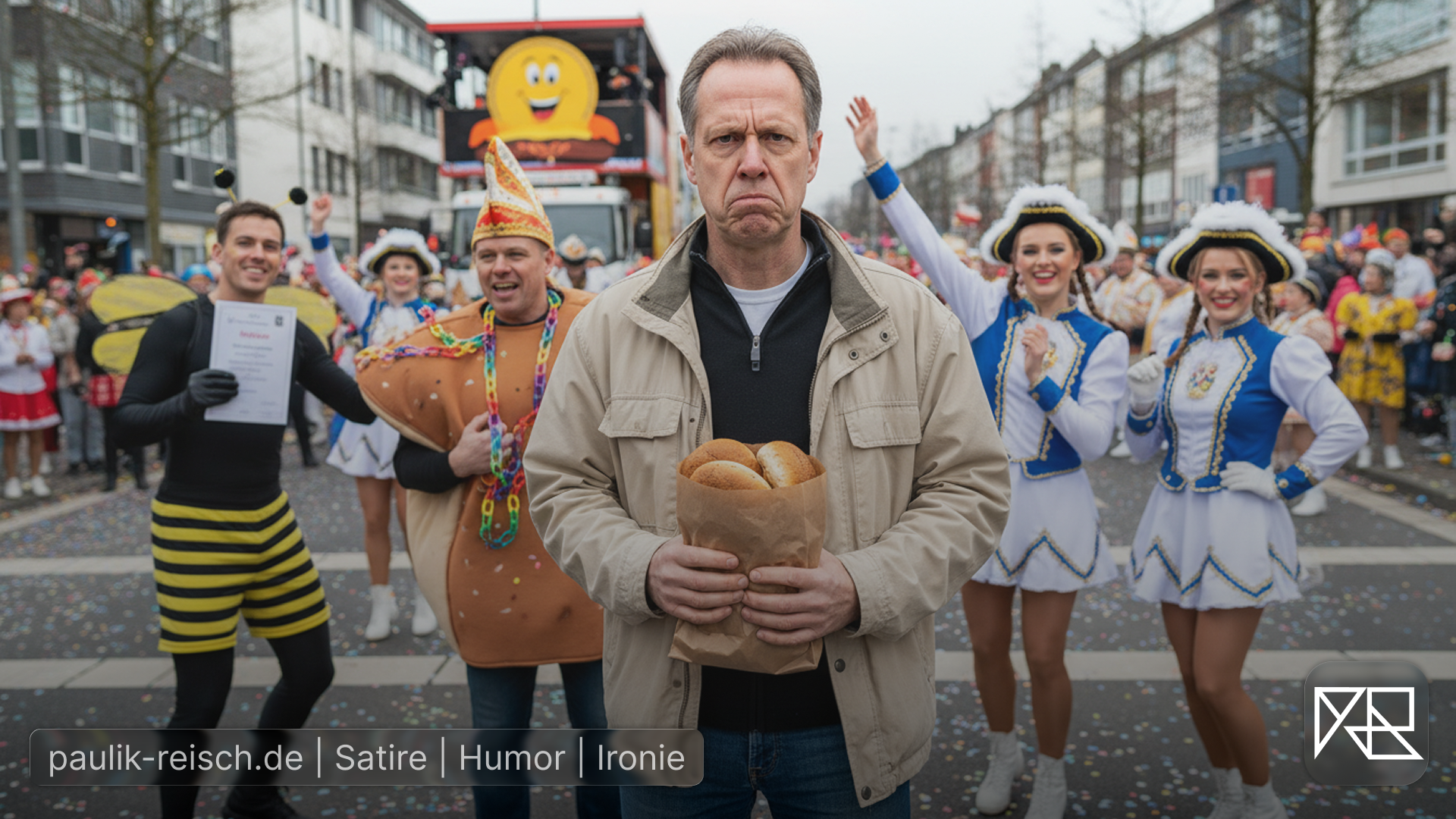 Mann in beiger Jacke blickt wütend in eine Menge fröhlicher Clowns, Satirebild.