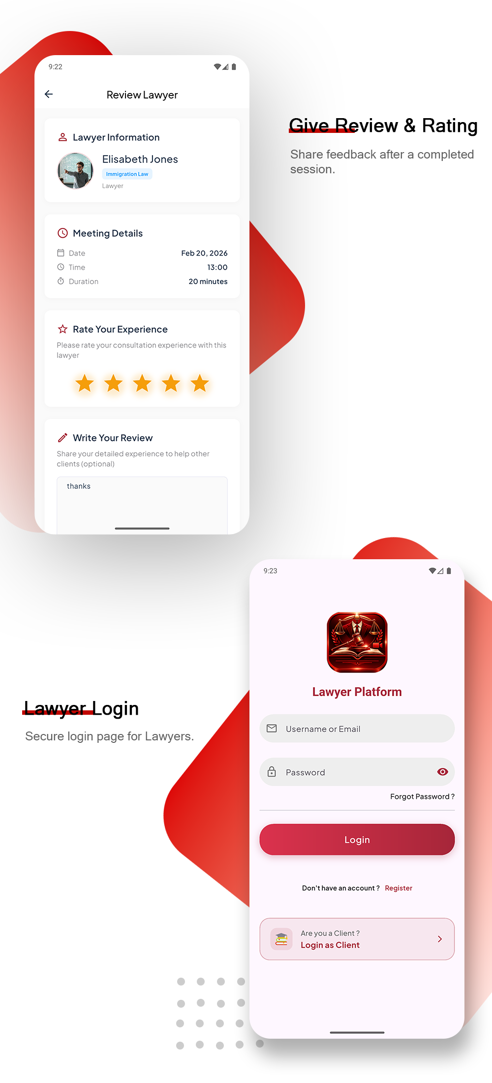 Hello Lawyer – Video Call Lawyer Booking Consulting Appointment Timeslot with Firebase