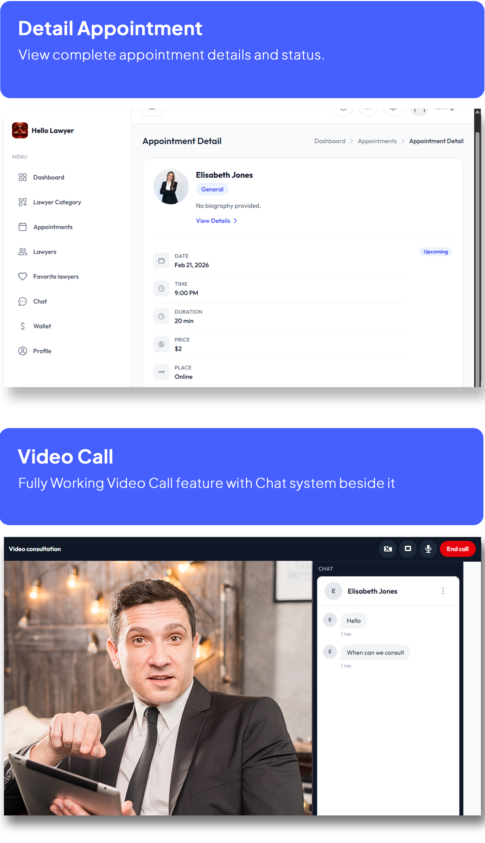 Hello Lawyer – Video Call Lawyer Booking Consulting Appointment Timeslot with Firebase