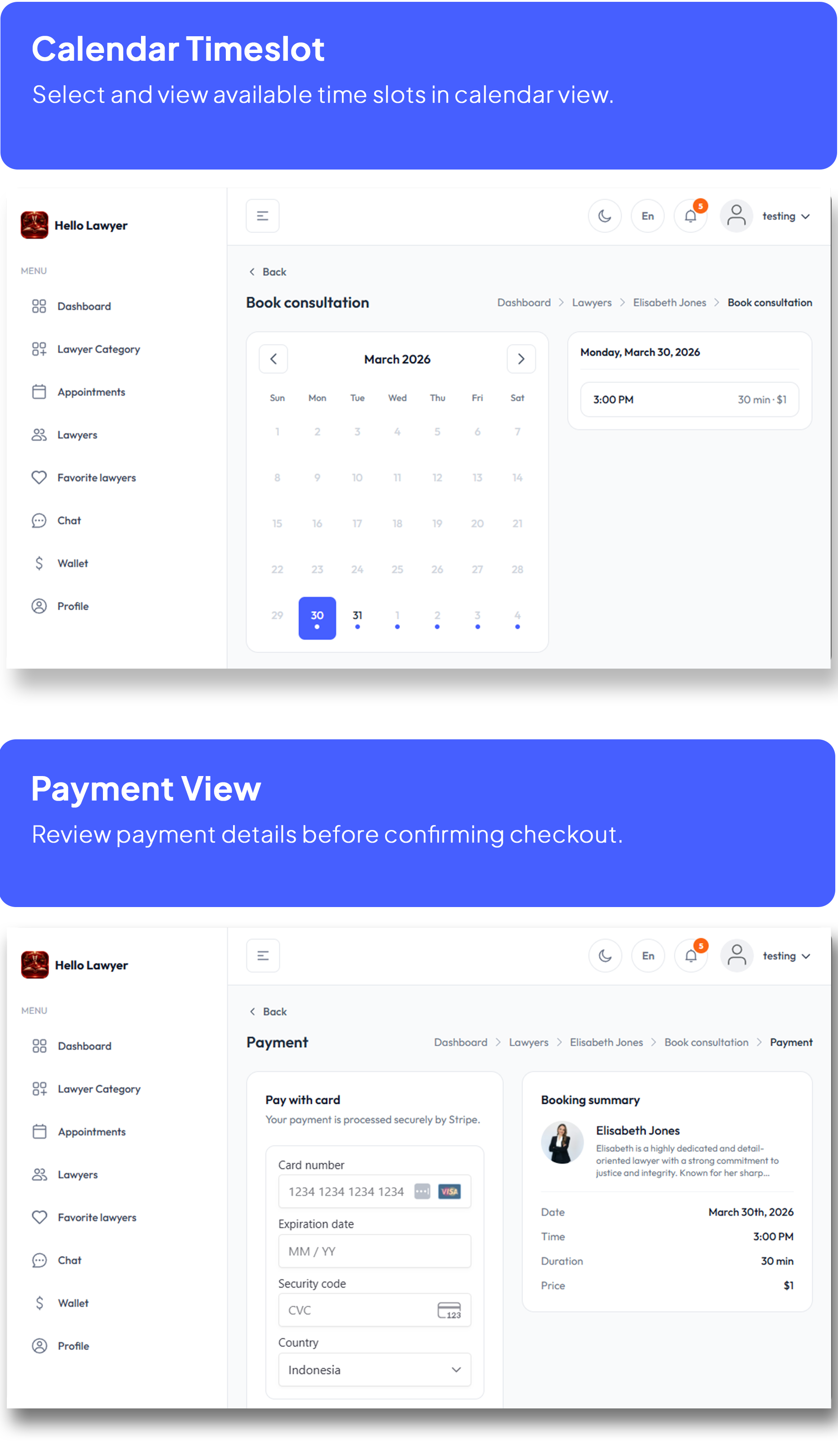 Hello Lawyer – Video Call Lawyer Booking Consulting Appointment Timeslot with Firebase