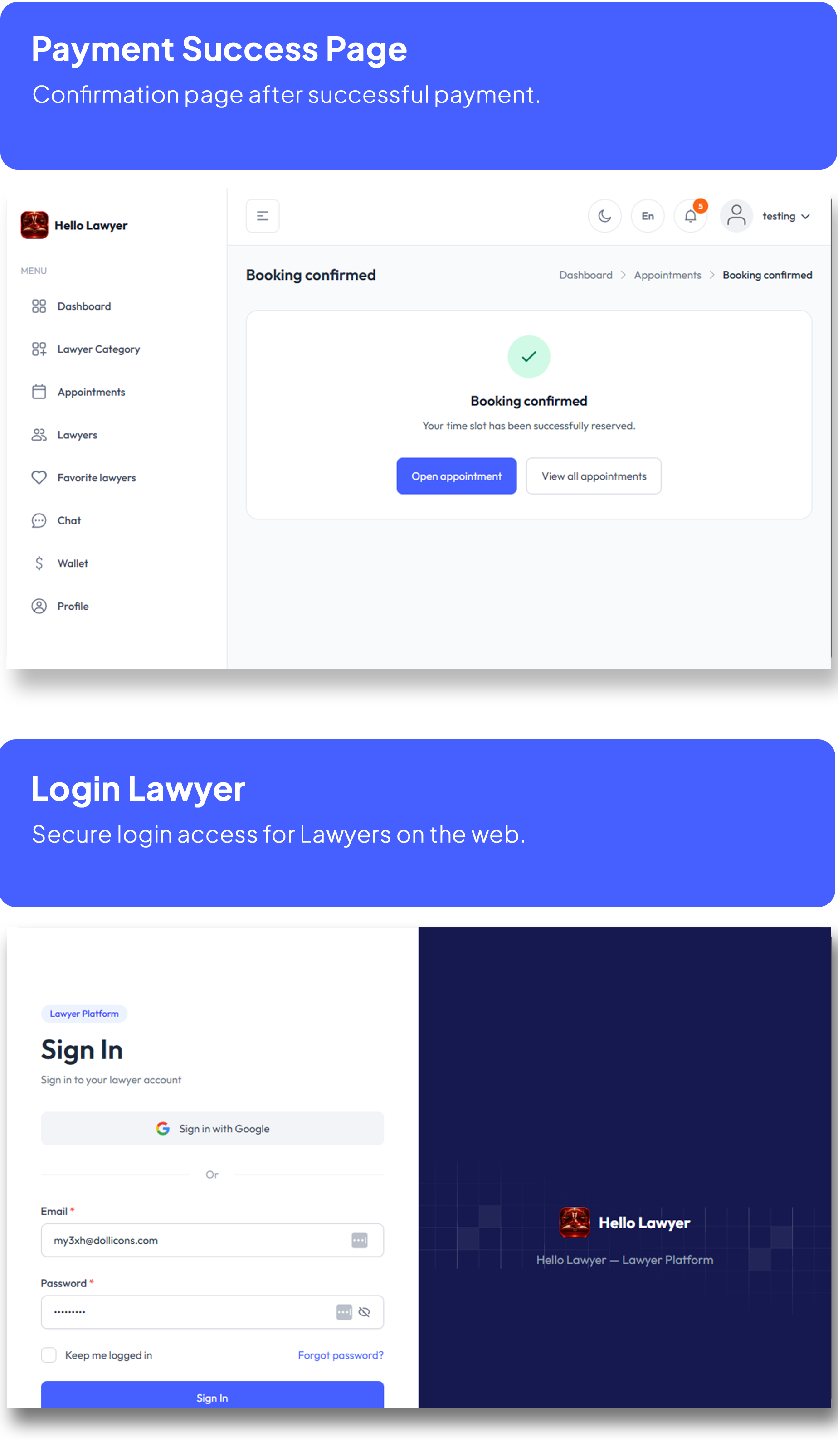 Hello Lawyer – Video Call Lawyer Booking Consulting Appointment Timeslot with Firebase