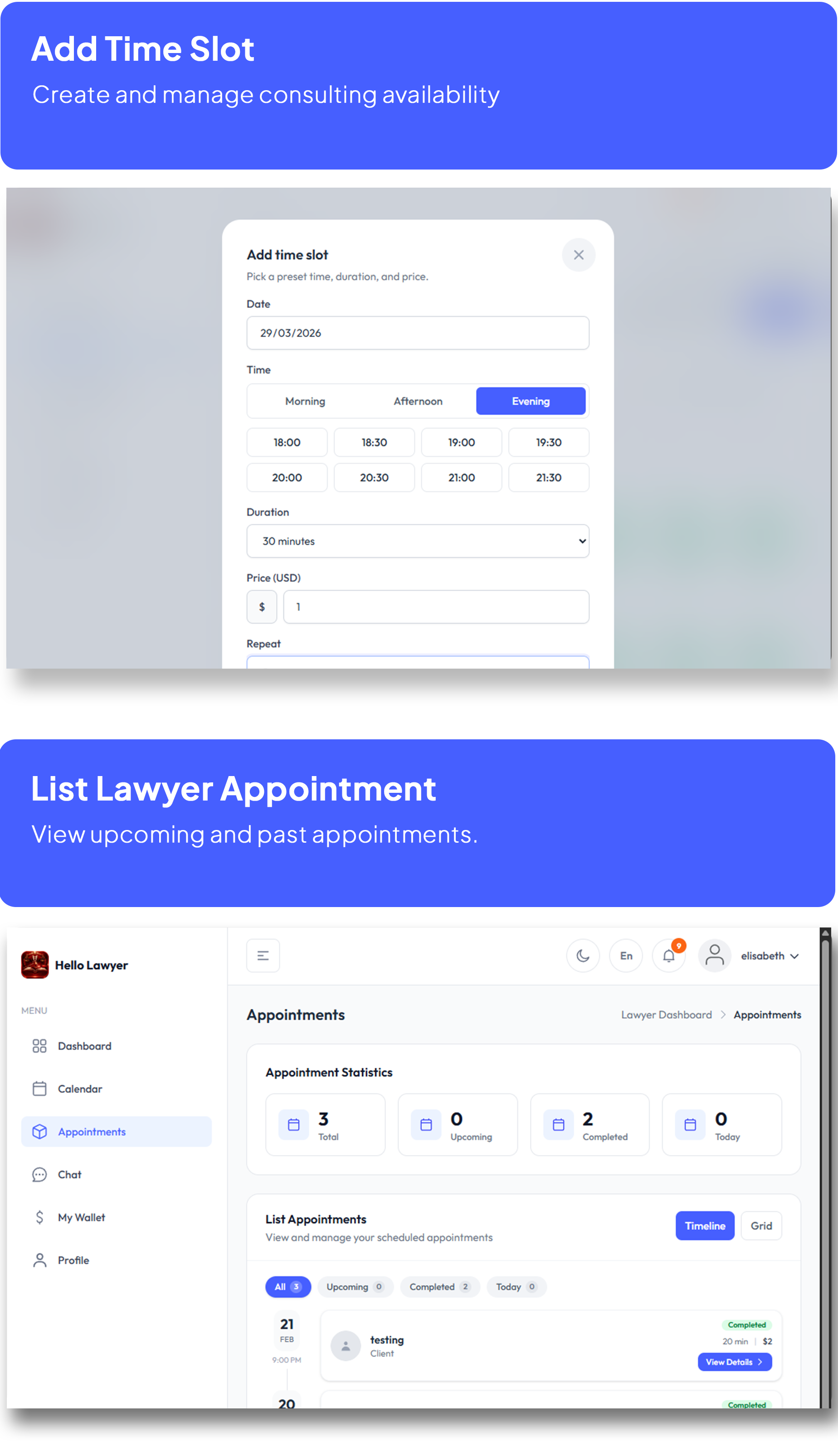 Hello Lawyer – Video Call Lawyer Booking Consulting Appointment Timeslot with Firebase