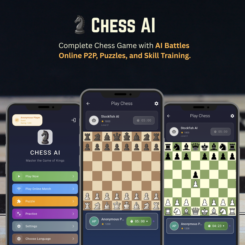 Chess AI 2026 – Multiplayer｜Solo AI Mode｜30K+ Puzzles｜Training｜Music｜24+Board Themes |37+ Piece Them