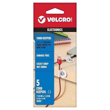 VELCRO Brand Cord Organizer | Charging Cord Organizer, Cord Holder for Nightstand, Desk | Removable Adhesive Back | Soft Nylon Cable Clips | 5 Pack (White) - HM1169