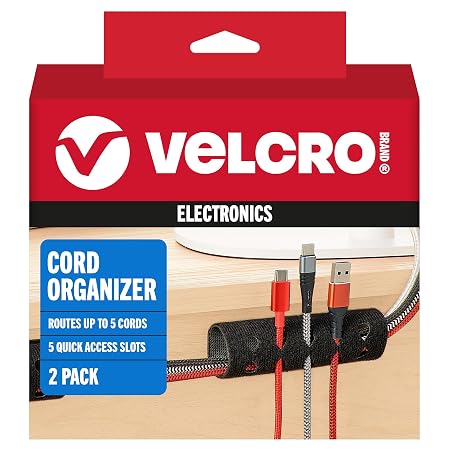 VELCRO Brand Cord Organizer for Desk Cable Management, Nightstand Organization, Unique Dual Function Cable Sleeve Cord Keepers Combo, Holds Wires for Easy Access, Route to Hide, Medium 2pk Black - HM1172
