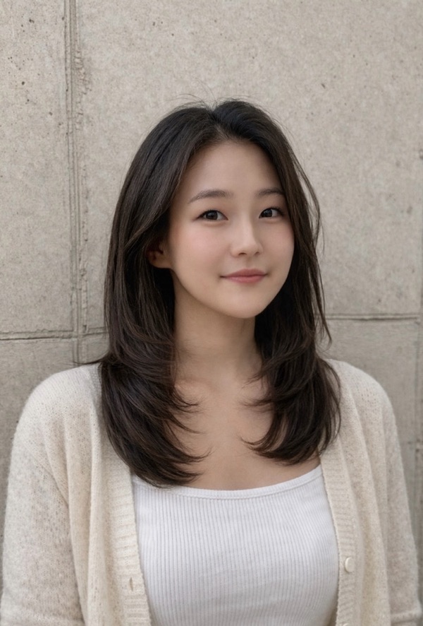 레이어드컷스타일로 얼굴형에 맞추어 레이어드를 설정후 c컬펌으로 연출함 디자인