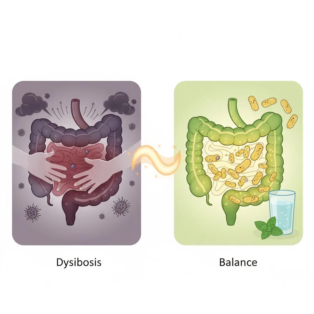 Woman holding abdomen experiencing chronic bloating, overlaid with a diagram illustrating gut dysbiosis and inflamed intestinal lining.