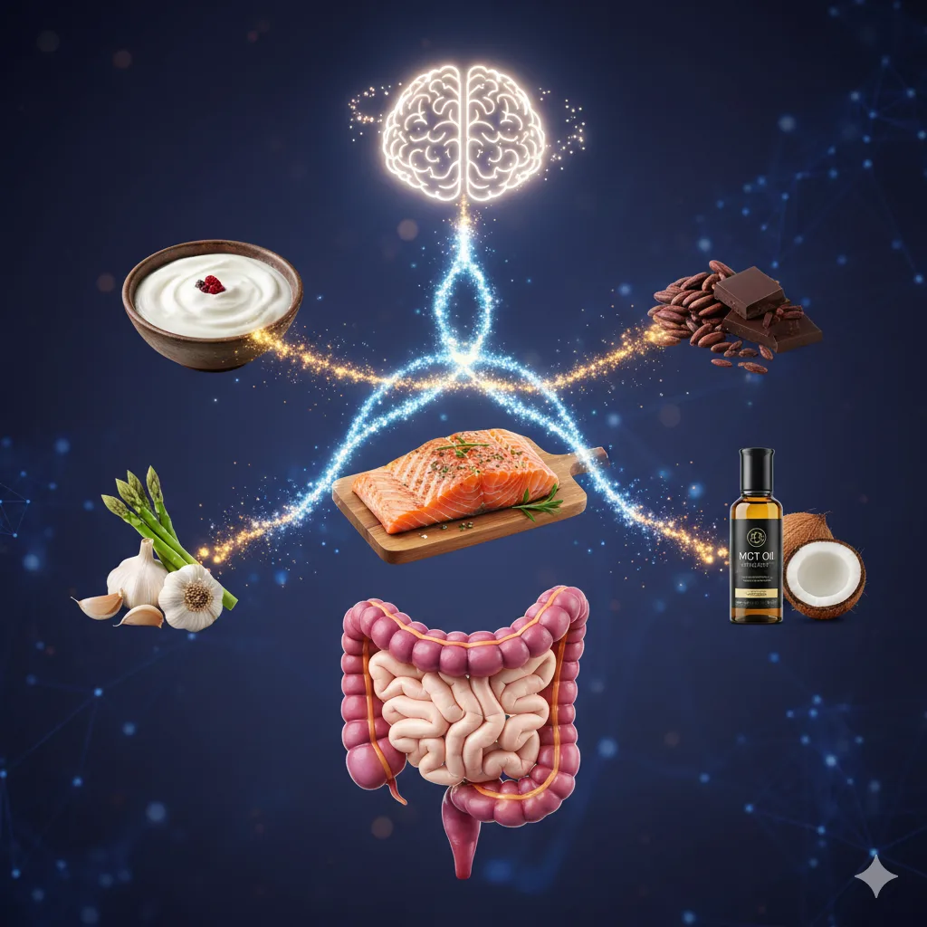 Diagram illustrating the Gut-Brain Axis connection, showing the Vagus nerve and 5 functional foods (Kefir, Salmon, Lentils, Dark Chocolate, Coconut Oil).