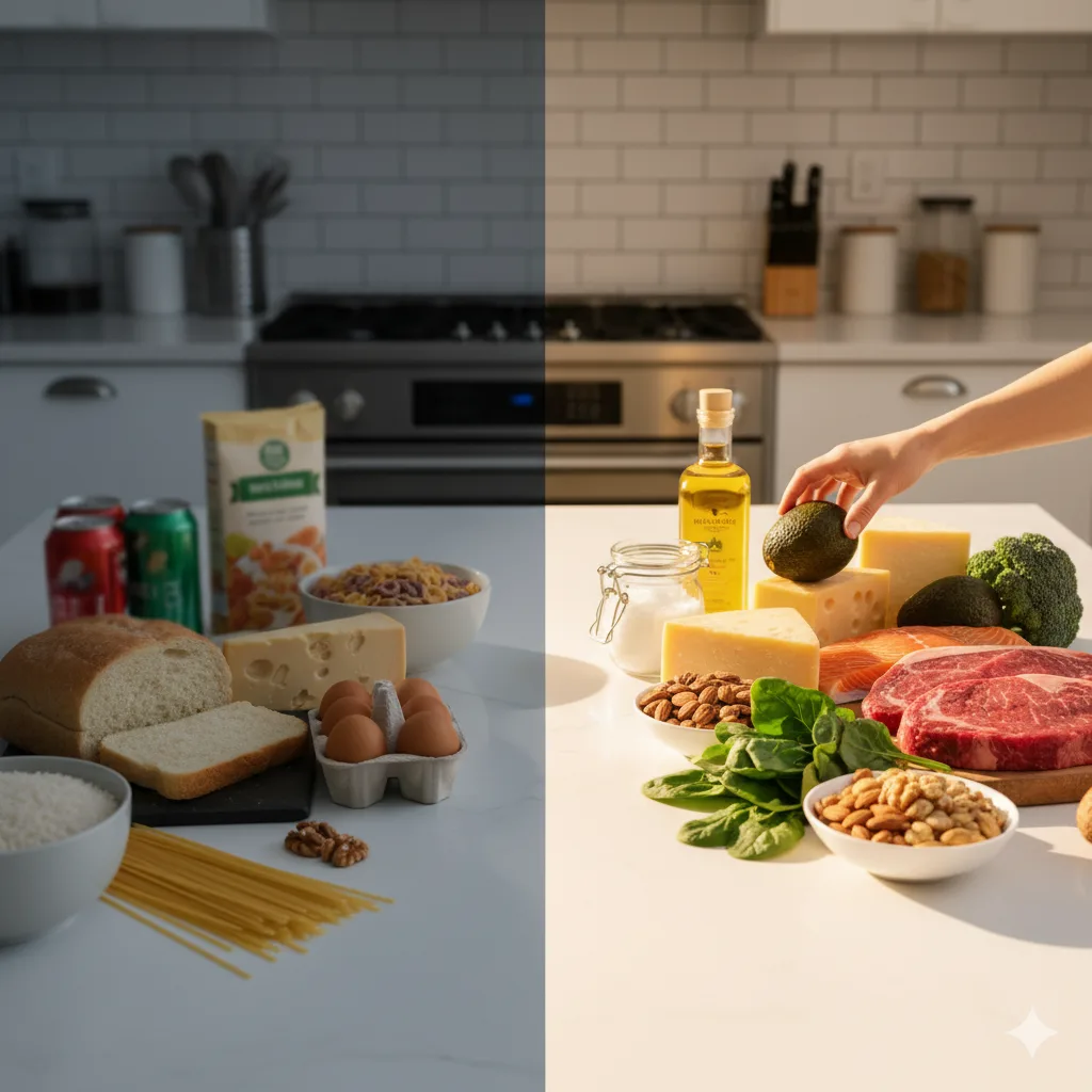 Keto alışveriş listesi, ketojenik diyet, 10 temel keto malzeme, sağlıklı yağlar, protein, yeşil sebzeler.