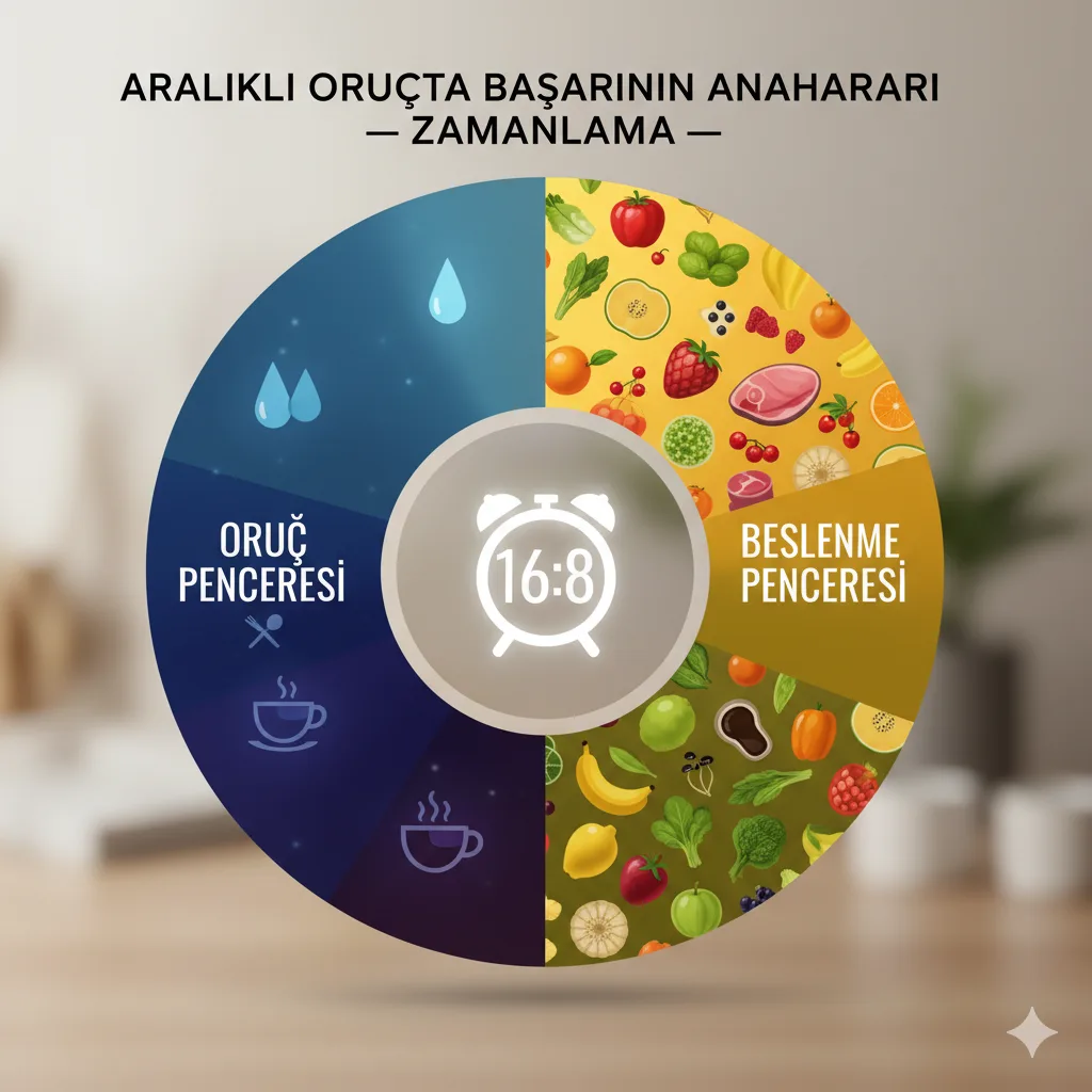 16-8 aralıklı oruç zamanlama rehberi, oruç penceresinde kahve ve su, beslenme penceresinde sağlıklı öğünler, intermittent fasting uygulama tüyoları.