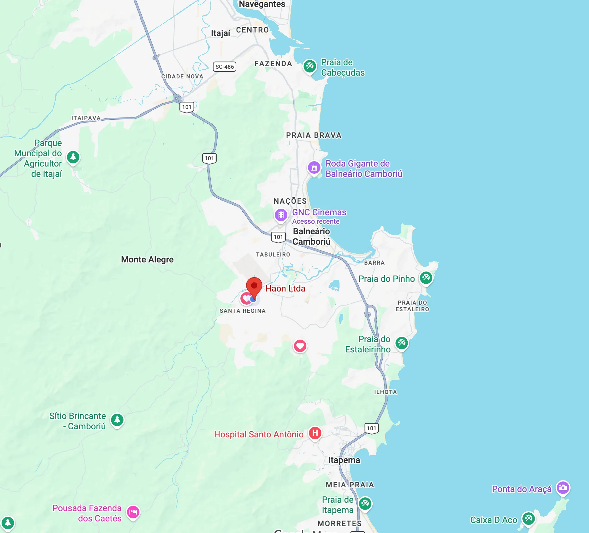 Mapa da região de Camboriú, Balneário Camboriú e Itajaí em Santa Catarina