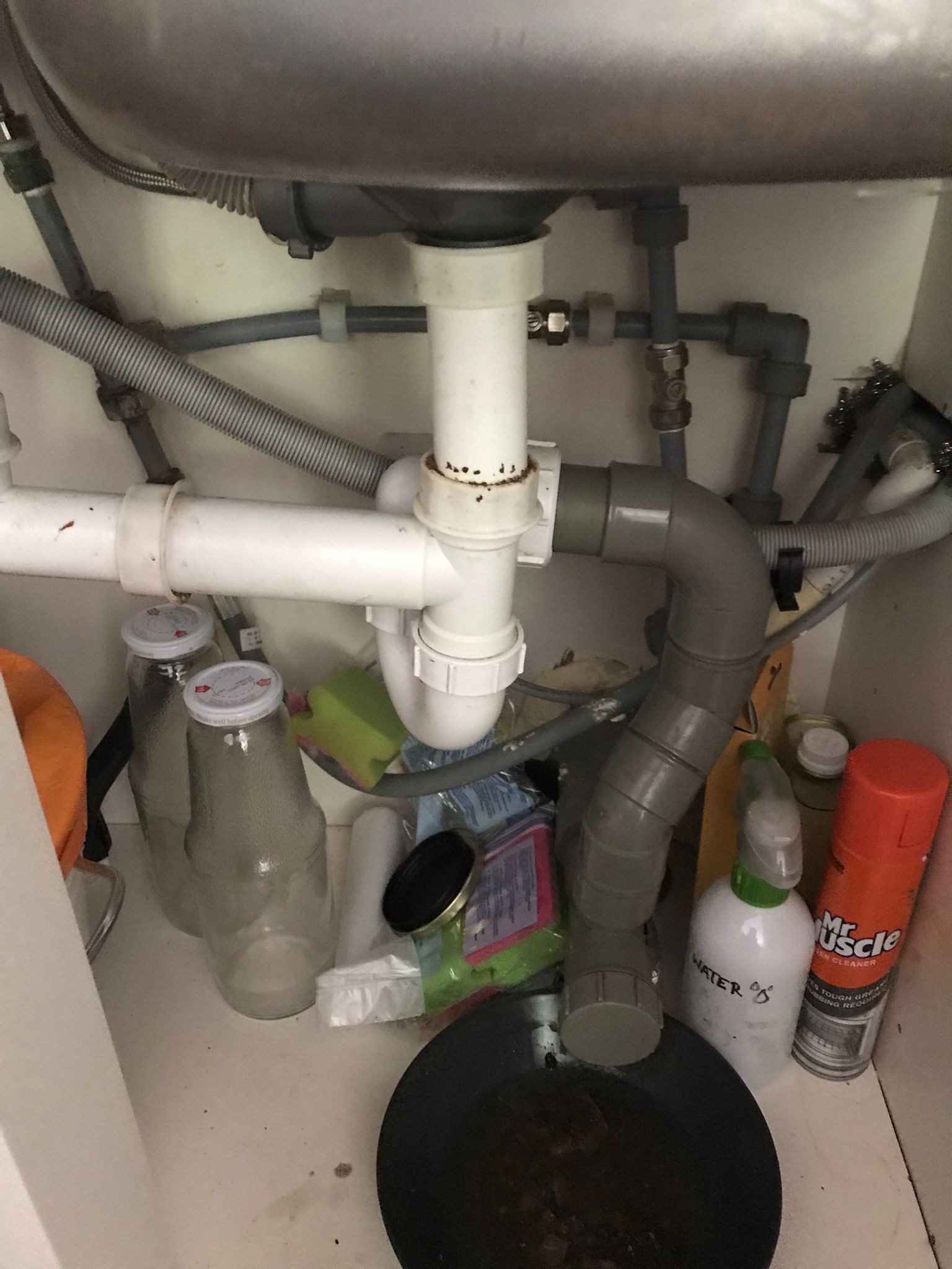 Internal rodding eye providing access to clear the blocked kitchen waste line.