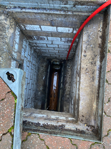 Kitchen sink waste line in Woking showing internal buildup of food waste and grease.