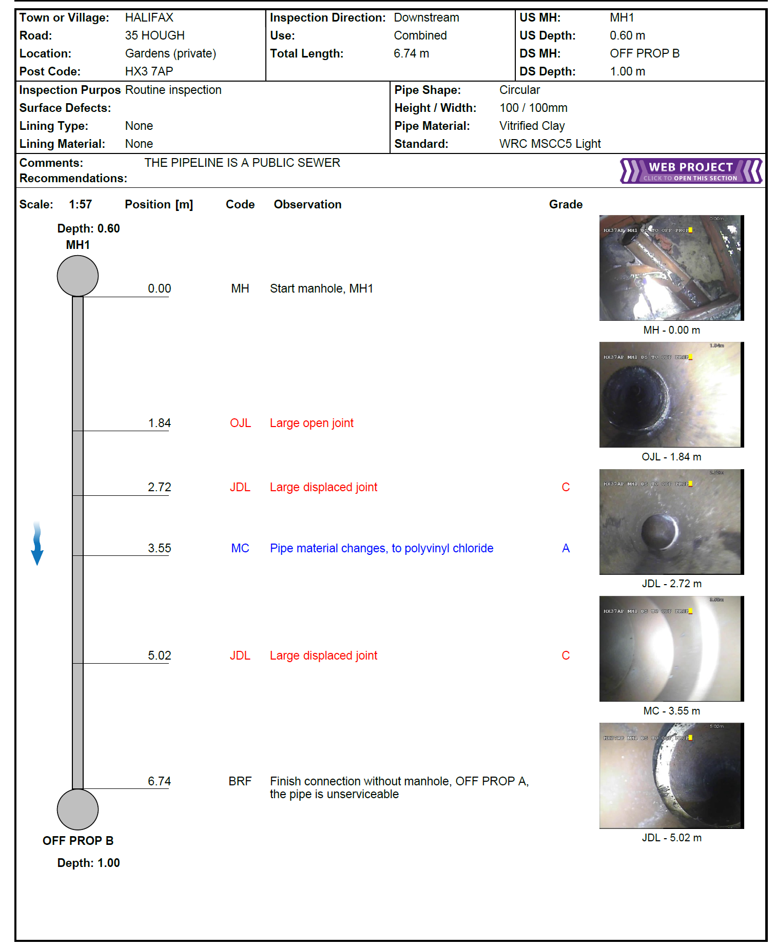 Internal pipe defect captured during CCTV survey in Halifax HX3 using Drainify.