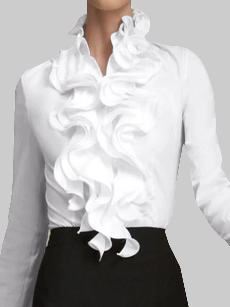 Women Ruffles Collar Solid Color Long Sleeve Shirts Wild Blouse