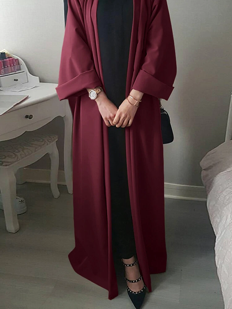 Women Vintage Solid Color Loose Casual Cardigan Abaya Kaftan Long Sleeve Robe 