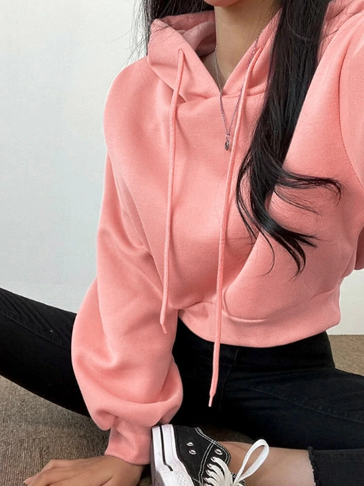 Solid Drawstring Long Sleeve Casual Women Hoodie